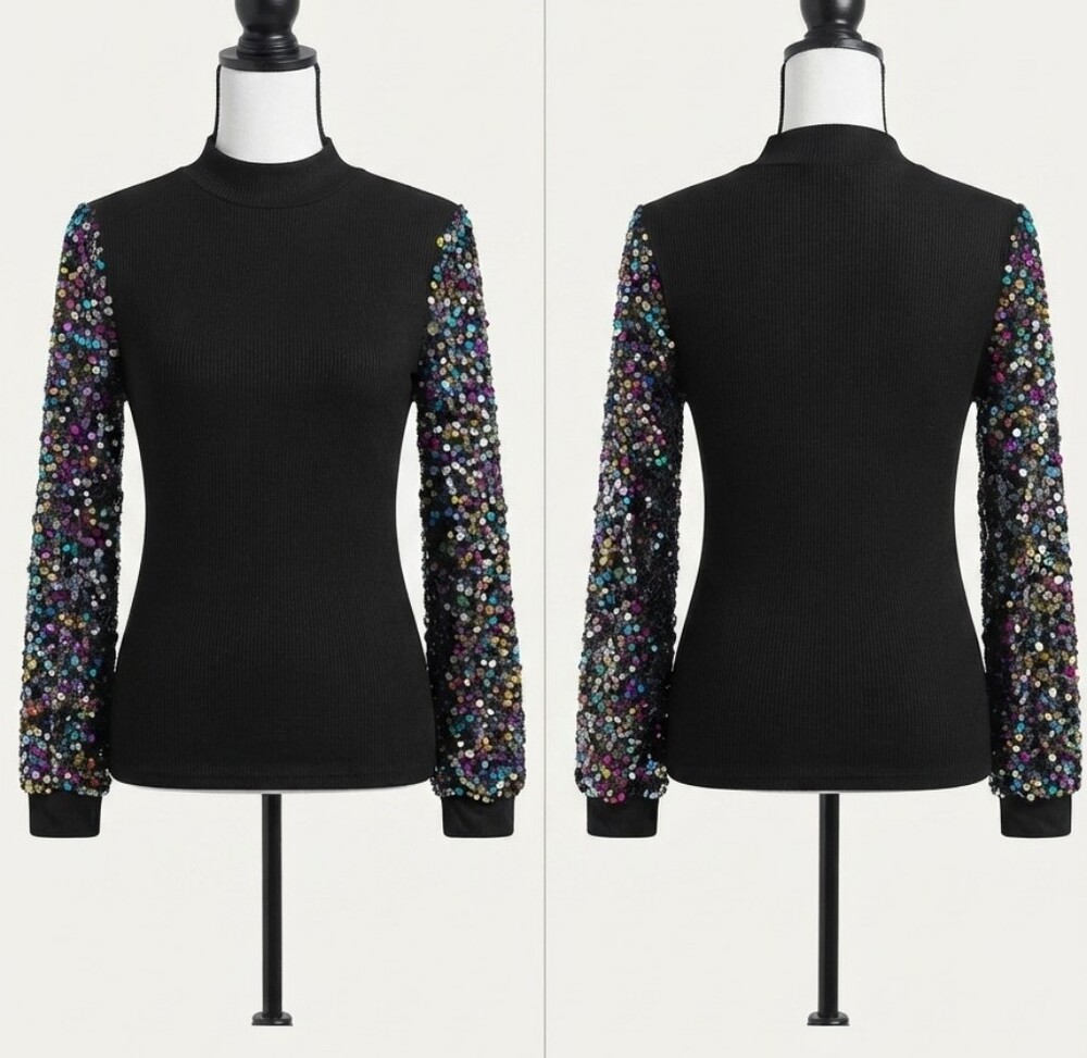 SHEIN Black Top with Multicolor Sequin Sleeves